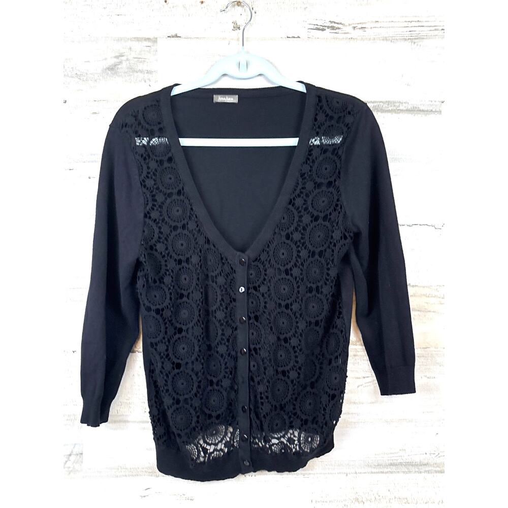 Neiman Marcus Womens L Black Lace Front Button Up Lightweight Knit Cardigan